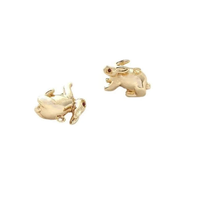 Authentic 14K Gold Plated 3D Cute Rabbit Charms with Red Zircon Eyes, Moon Bunny Pendants for DIY Bracelet Jewelry