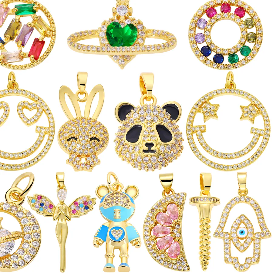 Authentic Juya 18K Gold Plated Cubic Zirconia Panda Rabbit Saturn Moon Angel Bear Lemon Hamsa Fatima Greek Evil Eye Charms Supplies