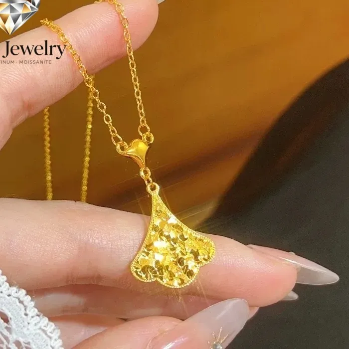 Authentic Elnar Jewelry Luxury 24K 9999 Pure Gold real gold Women's Ice Crushed Ginkgo Leaf Pendant Necklace Small Skirt Clavicle Chain