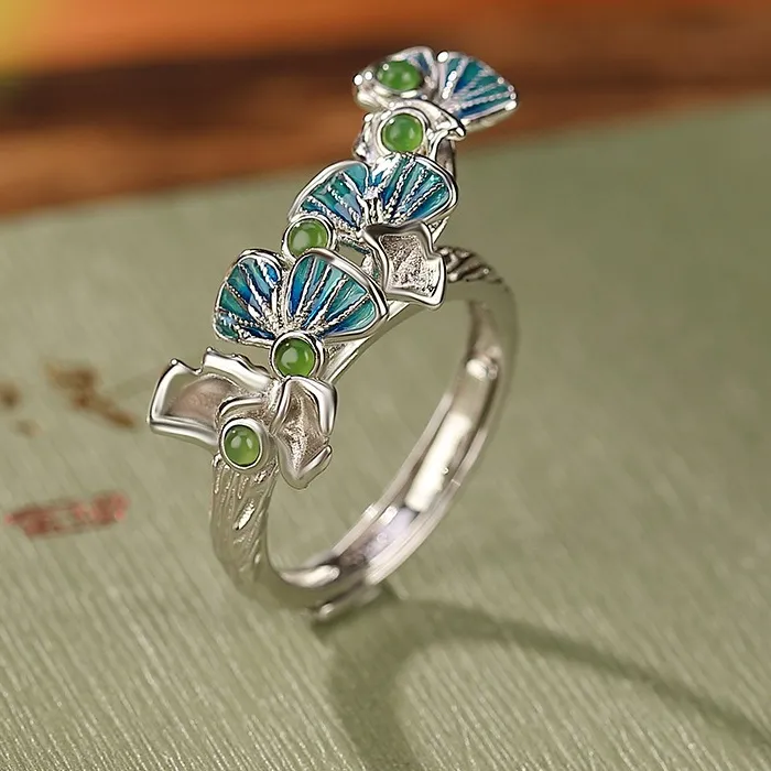 Authentic Creative Silver 925 Enamel Blue Ginkgo Leaf Rings Luster Natural Hotan Jade Ring Fine Jewelry