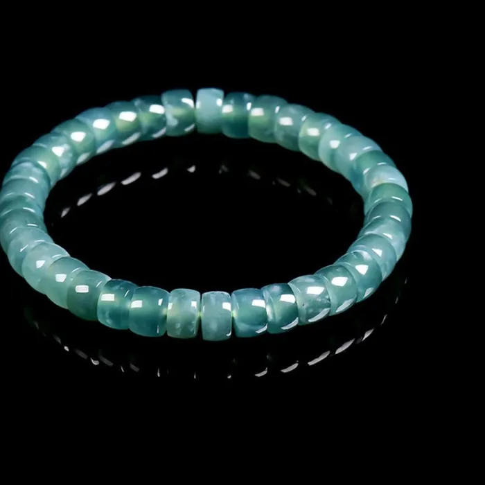 Authentic Azure Serenity: Natural Grade A Blue Water Jadeite & Ice Bead Talismanic Bracelet