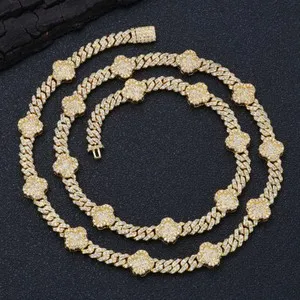 Authentic Mens Cuban Link Chain Four Leaf Clover Full Iced Out Gold Plated