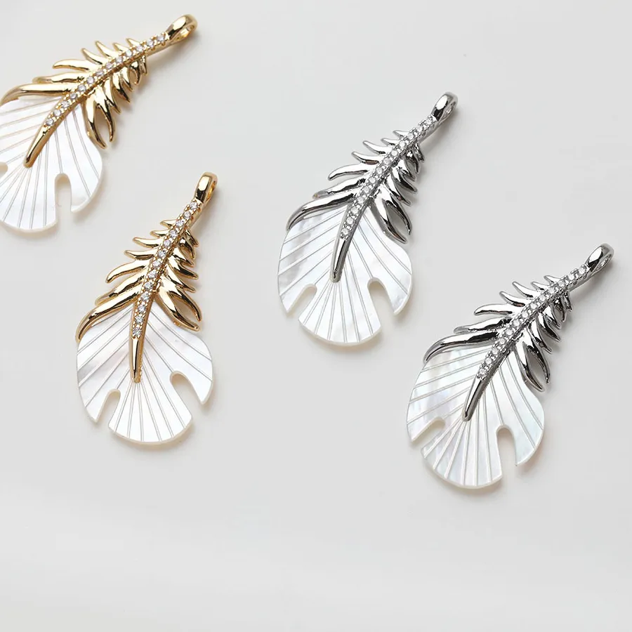Authentic 1PCS 14K Gold Plated Shell Feather Inlaid Zircon Pendant Jewelry DIY Making Supplies Necklace Handmade Accessories