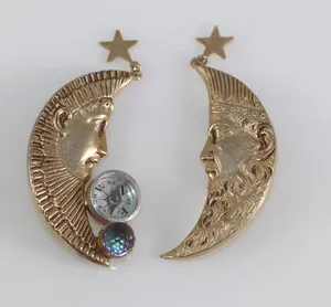 Authentic Golden Lunar Compass Ear Charms: Celestial Navigator's Clip-ons