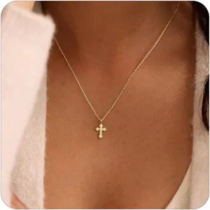 Authentic Cross Necklace for Women Trendy,14K Gold-Plated Dainty Gold Cross Pendant Neckla