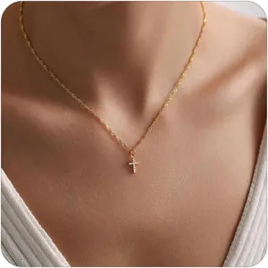 Authentic Cross Necklace for Women Trendy,14K Gold-Plated Dainty Gold Cross Pendant Neckla