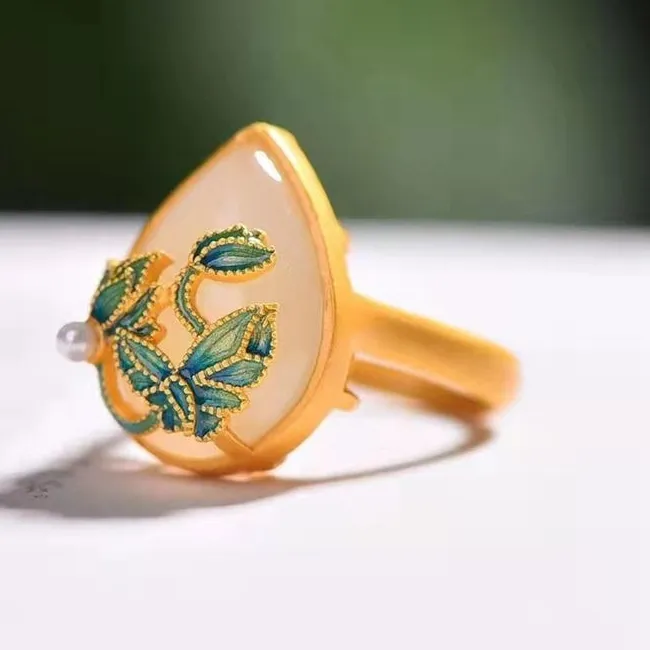 Authentic White Natural Jade Lotus Rings Gifts for Women Talismans Real Jewelry Charm Lucky Accessories Adjustable Ring