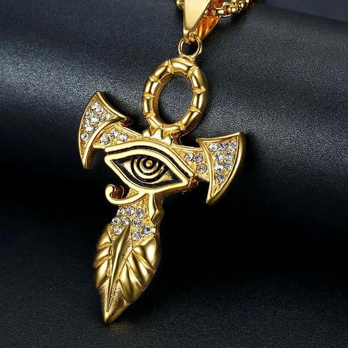 Authentic Egyptian Ankh Cross Pendant Necklace For Women/Men Gold Color Stainless Steel Eye of Horus Necklace Iced Out Bling Egypt Jewelry