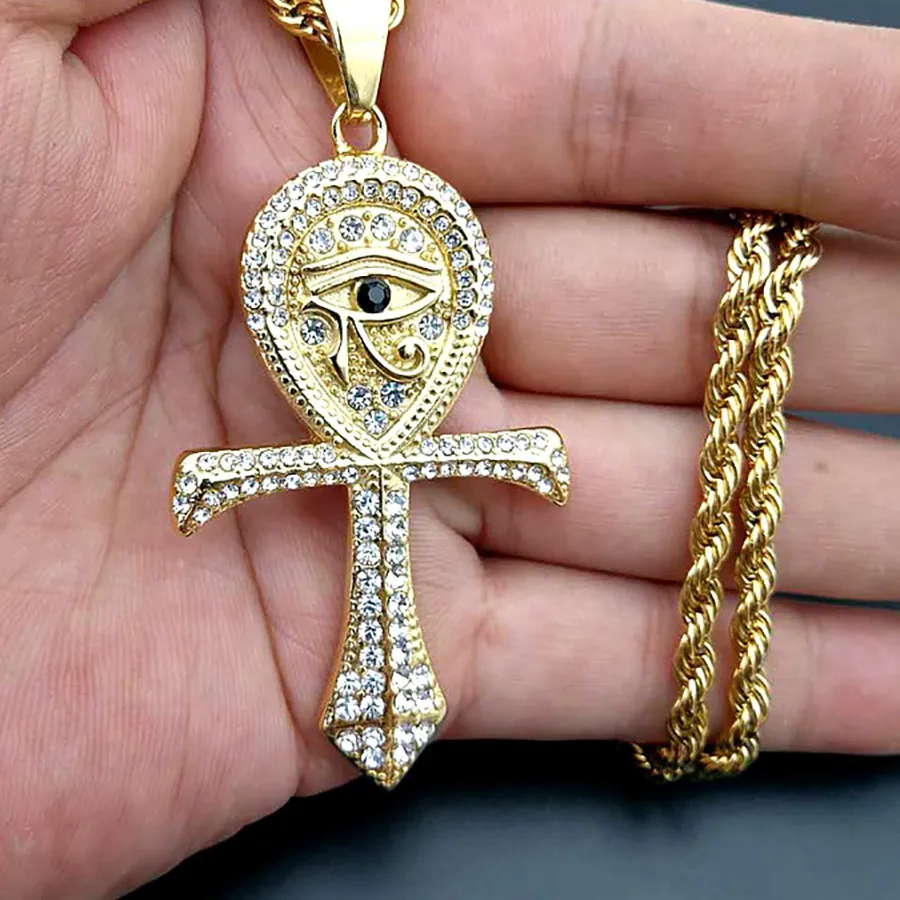 Authentic Egyptian Eye of Horus Ankh Cross Necklaces Pendant With Rope Chain Gold Color Stainless Steel Women Men Egypt Jewelry Gift