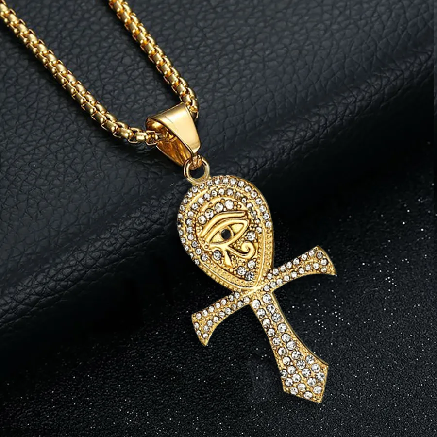 Authentic Egyptian Iced Out Ankh Cross Pendant Gold Color Stainless Steel Eye of Horus Necklace For Men Women Ancient Egypt Jewelry Gift