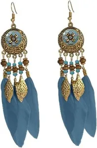 Authentic Bohemian Feather Leaf Dangle Earrings Gold Plated with Long Beads for Women