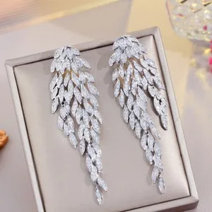 Authentic Statement Large Long Feather Drop Dangle Earrings CZ White Gold Plated Jewelry