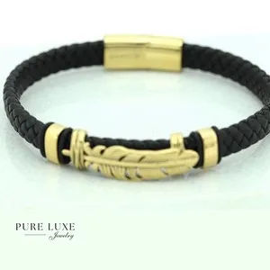 Authentic Mystic Feathered Leather Charm - Black Braided Gold-Plated Amulet