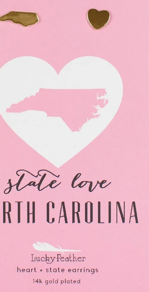 Authentic North Carolina - Lucky Feather Heart + State Earrings 14k Gold Plated State Love