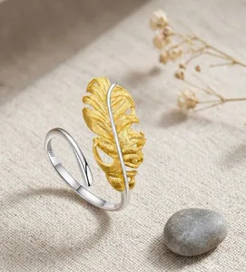 Authentic Handmade 18K Gold Plated 925 Sterling Silver Flexible Adjustable Luxury Feather
