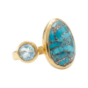 Authentic Celestial Horizon: Blue Topaz and Turquoise 14K Gold-Plated Ring