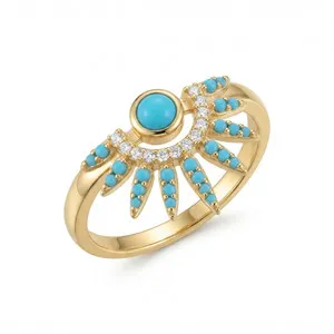 Authentic Radiant Solar Amulet Ring in Gold-Plated Silver with Turquoise and Cubic Zirconia