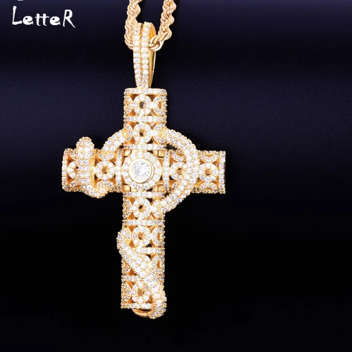 Authentic Animal Snake Cross Pendant Necklace Gold Color Plated Bling Cubic Zircon Men's Hip Hop Rock Jewelry