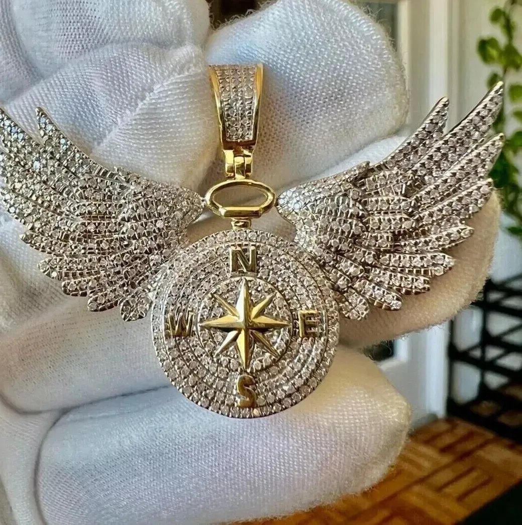 Authentic 5 Ct Real Moissanite Flying Wings Compass Pendant 14k Yellow Gold Plated