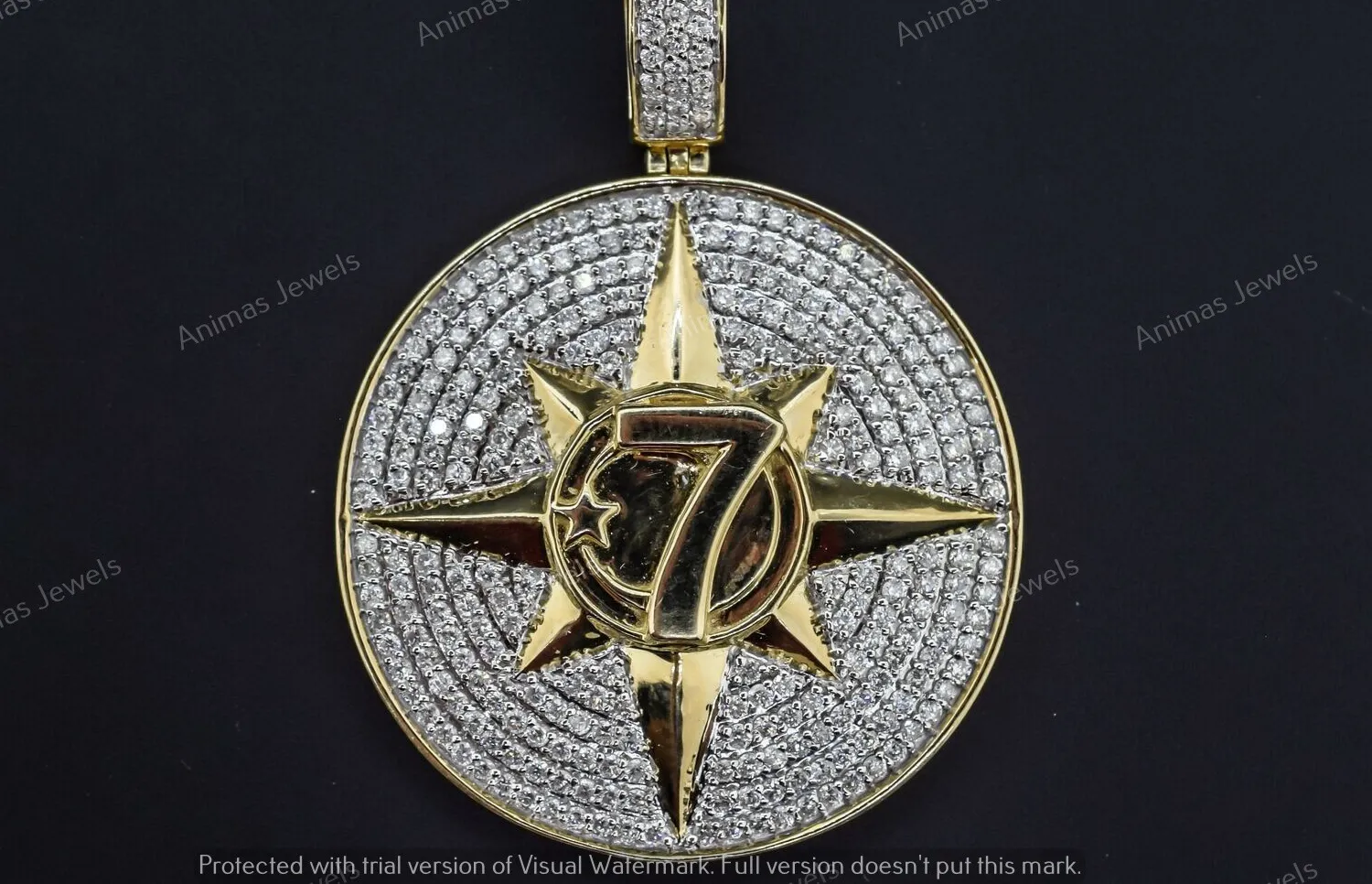 Authentic 14K Yellow Gold Plated 2.75 CT Moissanite Compass Rose Lucky 7 Medallion Pendant