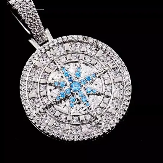 Authentic Custom Compass Pendant 2 Ct Round Real Moissanite 14K White Gold Plated Silver