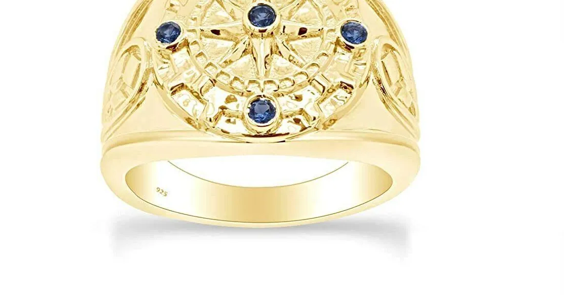 Authentic Simulated Blue Sapphire Compass Design Ring 14k Yellow Gold Plated for Men