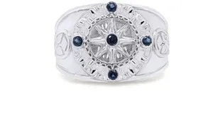 Authentic Simulated Blue Sapphire Compass Design Ring 14k White Gold Plated for Men