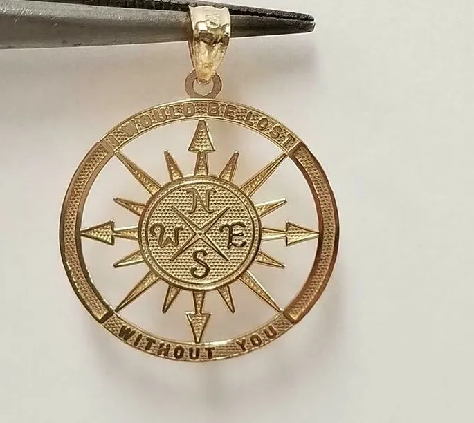 Authentic Solid Metal Men's Compass Pendant 14K Yellow Gold Plated 925 Silver