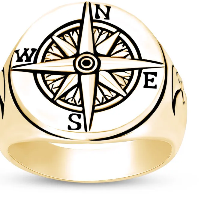 Authentic Celestial Navigator: Half-Moon Compass Ring in 14K Gold
