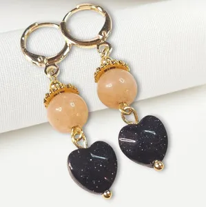 Authentic Celestial Whispers Peach Moonstone and Blue Goldstone Heart Huggie Hoops