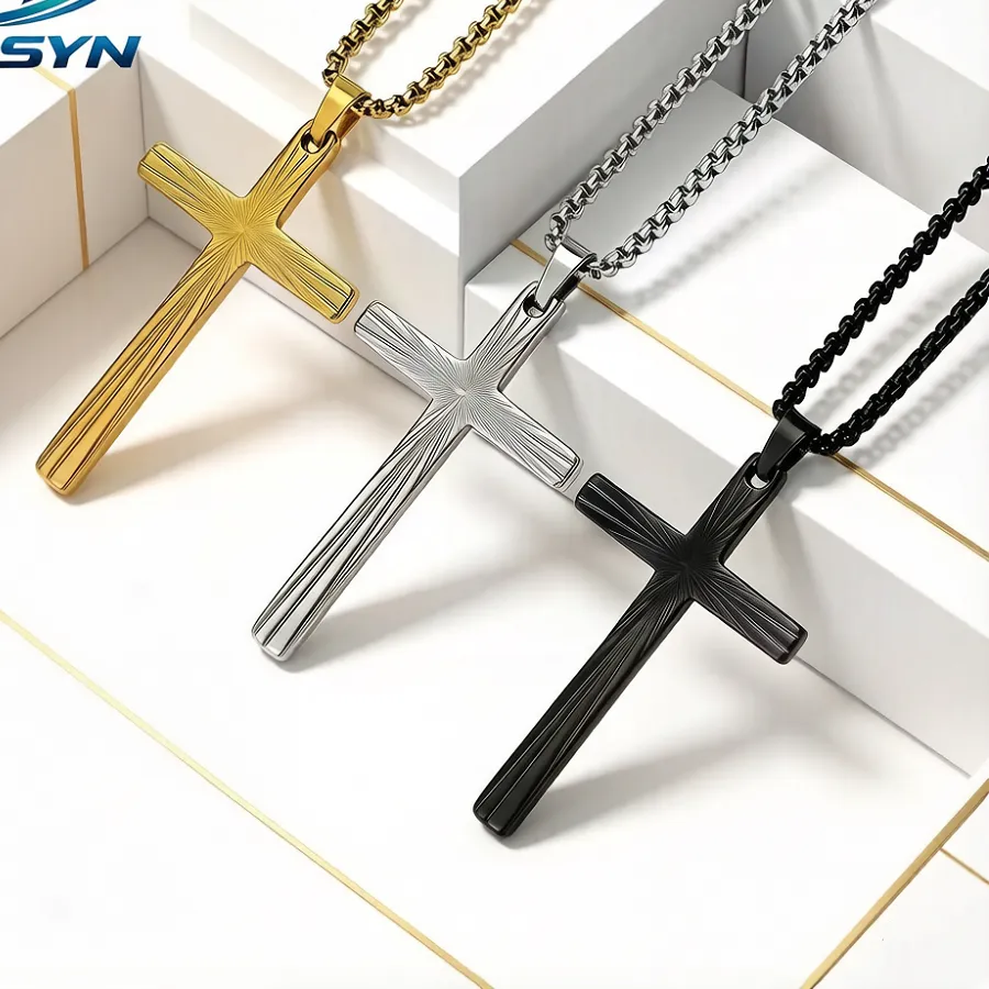 Authentic Stainless Steel Cross Pendant Necklace for Men & Women, 3 Colors Gold Silver Black, Vintage Minimalist Chain Jewelry Gift