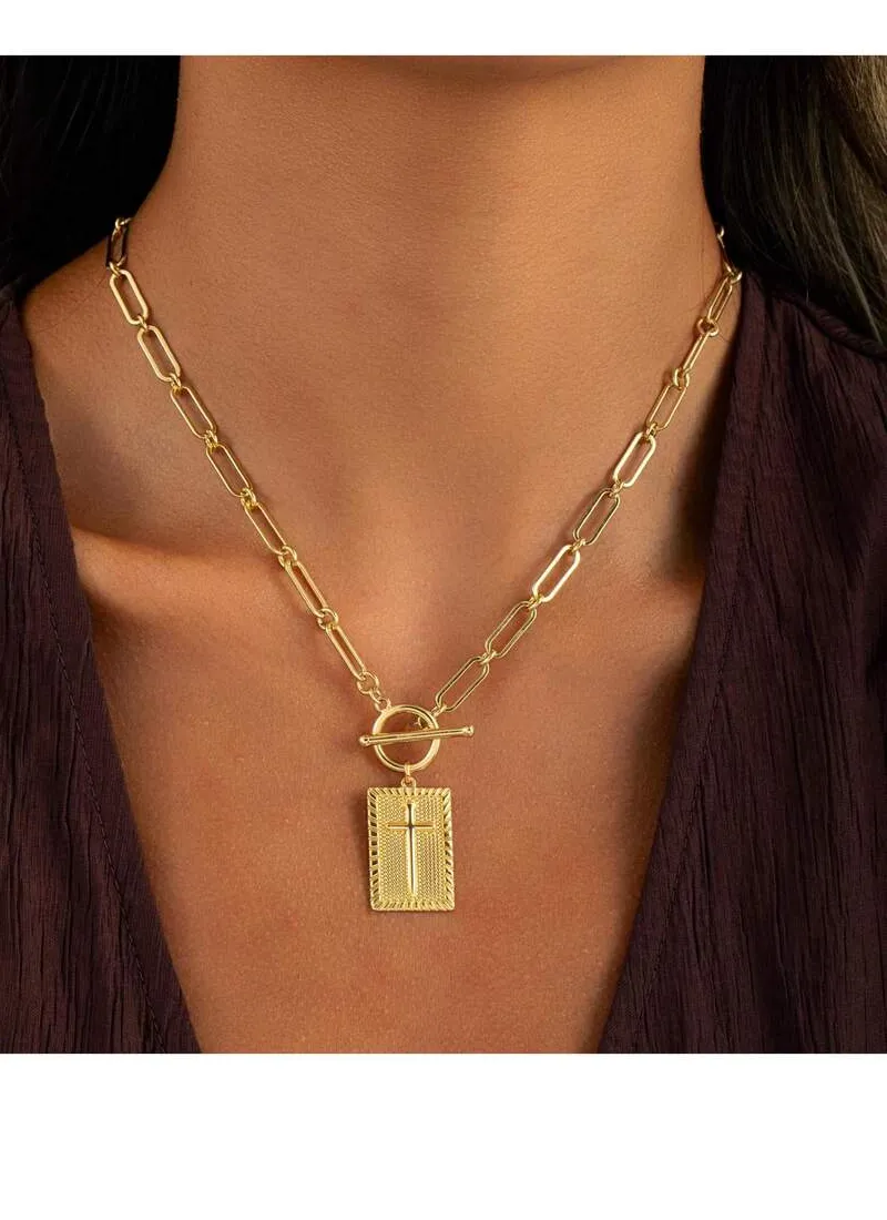 Authentic 1-Piece Gold Silver Cross Pendant Necklace For Women,Toggle Clasp Rectangle Cross Charm,Dainty Paperclip Chain Religious Jewelry