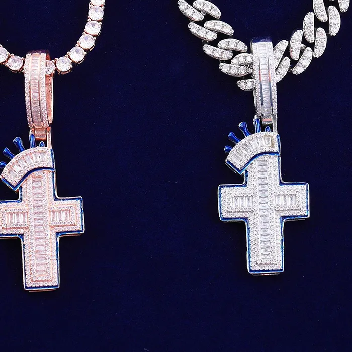 Authentic Hip Hop 5A+ CZ Stone Bling Lced out Crown Cross Pendant Necklace for Men Charm Rapper Jewelry Rose Gold Silver Color