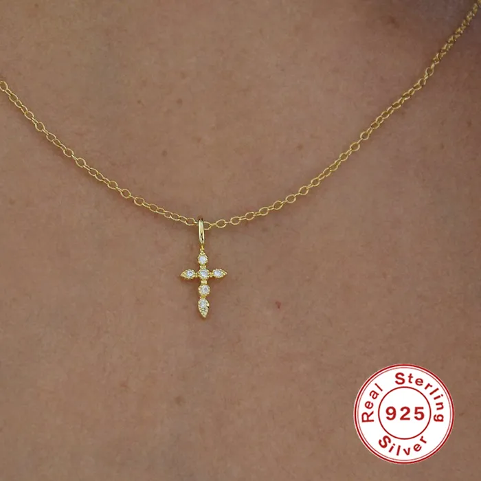 Authentic Aide 925 Sterling Silver Necklaces Charms for Women Crystal Cross Clavicle Collar Chain Simple Choker Necklace Accessories Gift