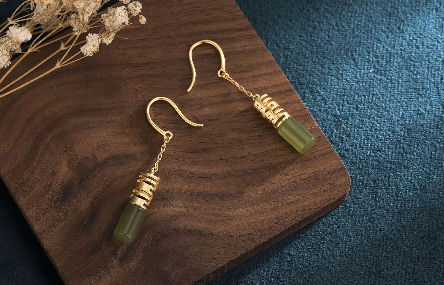 Authentic Green Jade Drop Dangle Earrings Gemstone Boho Minimalist Hook 18K Gold Plated