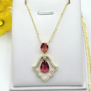 Authentic 14K Gold Plated Hamsa Fatima Hand Dark Pink Red CZ Movable Charm Necklace