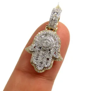 Authentic 2 Ct Baguette & Round Cut Moissanite Hamsa Hand Pendant 14k Yellow Gold Plated