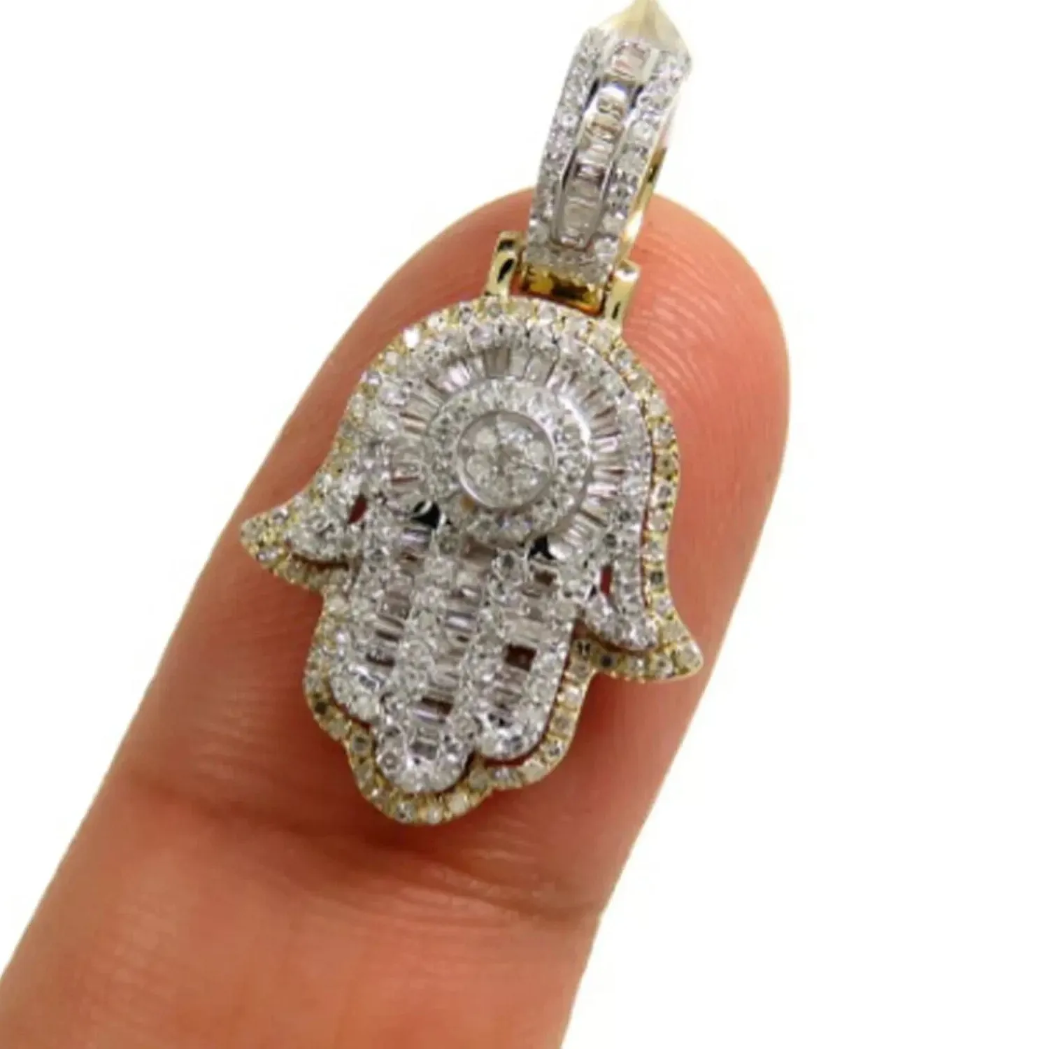 Authentic 2 Ct Baguette & Round Cut Moissanite Hamsa Hand Pendant 14k Yellow Gold Plated