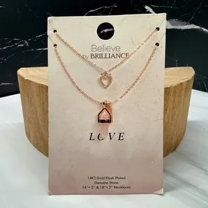 Authentic Heart of Unconditional Love - 14KT Gold Plated Rose Quartz Heart Necklace Set