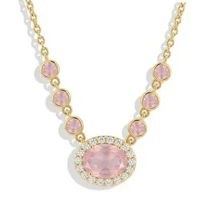 Authentic Rose Quartz Gold Pendant Necklace, Halo Pendant Necklace, Vintage Drop Necklace