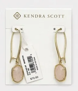 Authentic Kendra Scott Daphne Wire Drop Earrings Rose Quartz Yellow Gold Plated Hook