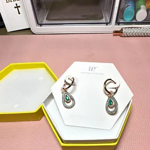 Authentic Radiant Verdant Veil Rose Gold Huggie Halo Drop Earrings