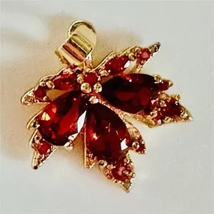 Authentic Garnet Pear Red Gemstone Leaf Pendant Yellow Gold plated Nature Theme Jewelry