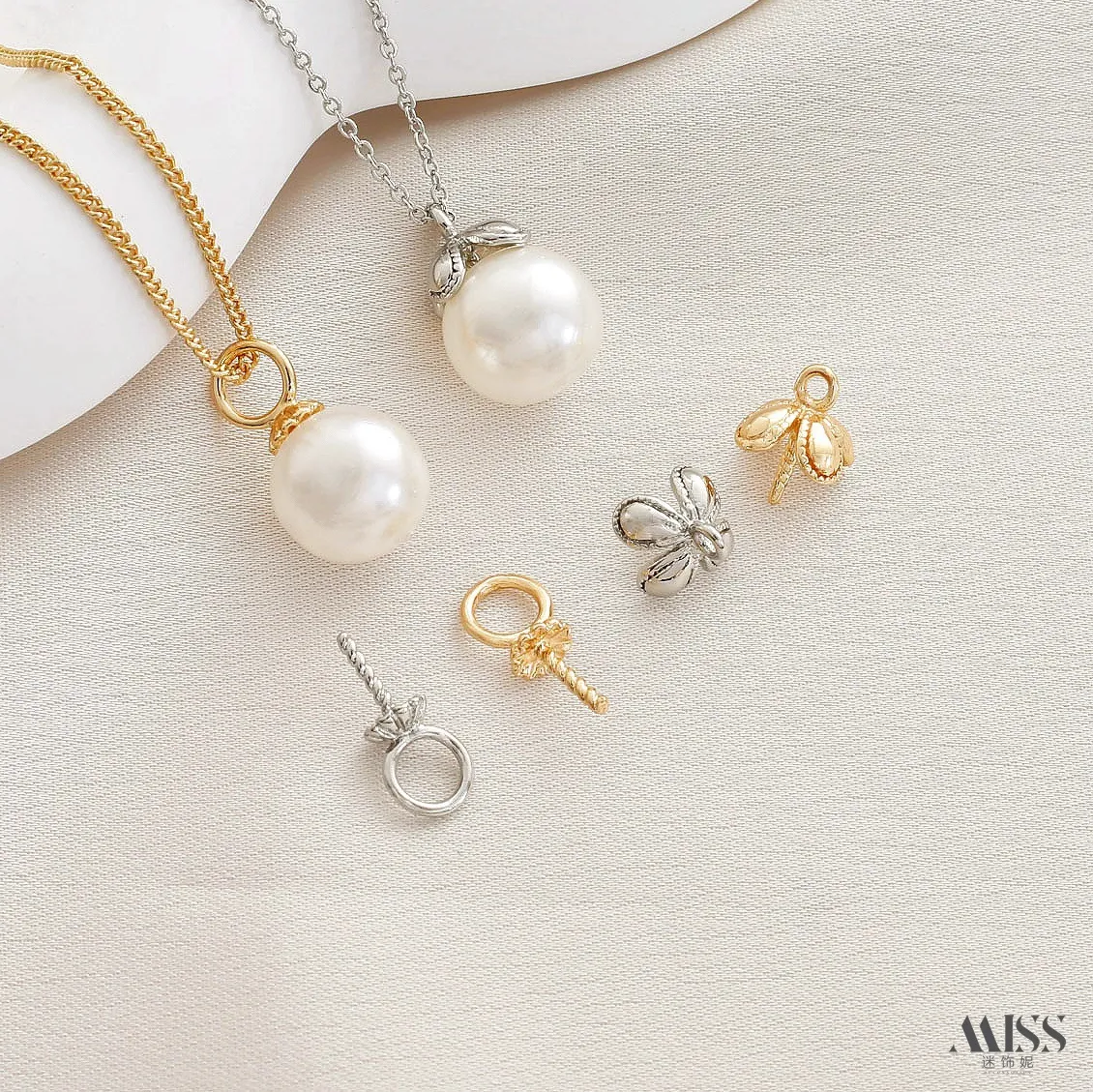 Authentic 14K Gold Plated, Half- Hole Pearl Pendant Base, Floral Bead Holder, Large Hole Sheep Eye Connector, Diy Jewelry Accessories