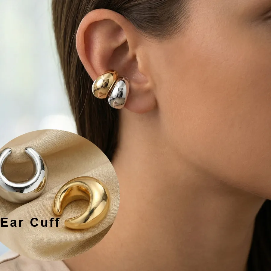 Authentic No Piercing Ear Cuff Silver- Gold Mixed Color Chunky Fluid Wave Clip On Earrings Stackable Jewelry