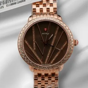 Authentic Michele 36mm Brown Dial .67ct Diamond Rose Gold Plated Ladies Watch MWW21B000113