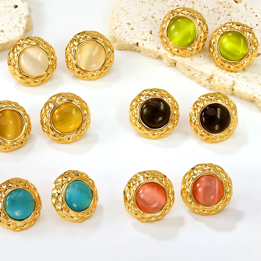 Authentic LUXUKISSKIDS Vintage Opal Round Earrings Luxury Oblate White Stone Stud Earings Stianless Piercing Woman Premium Jewelry