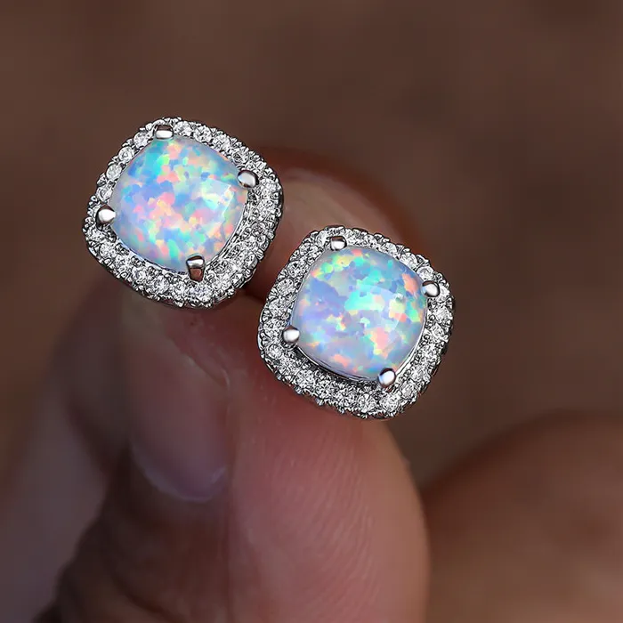 Authentic Female White Fire Opal Stone Stud Earrings Silver Color Round Jewelry