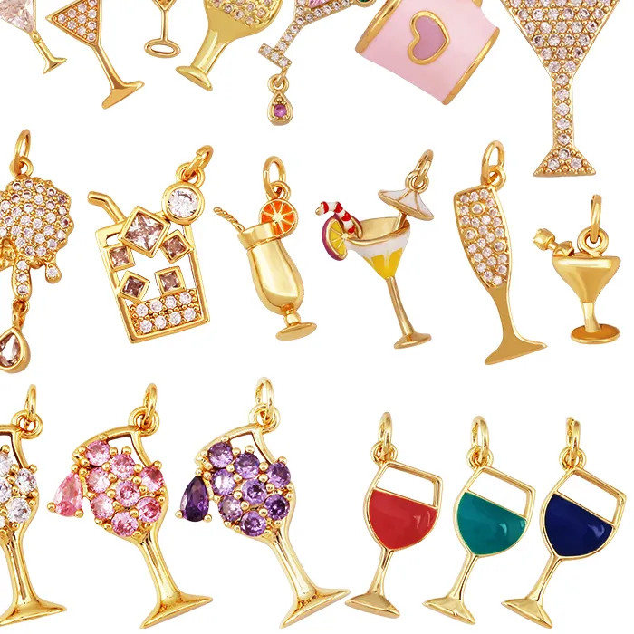 Authentic Win Glass Cups Icecream Drinking Tea Pot Pendant, 18K Real Gold Plated Zircon Jewelry Finding Supplies S78