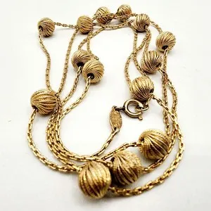Authentic 1970 Henkel & Grossé Germany Gold Plated 32" 14 Textured Ball Station Necklace